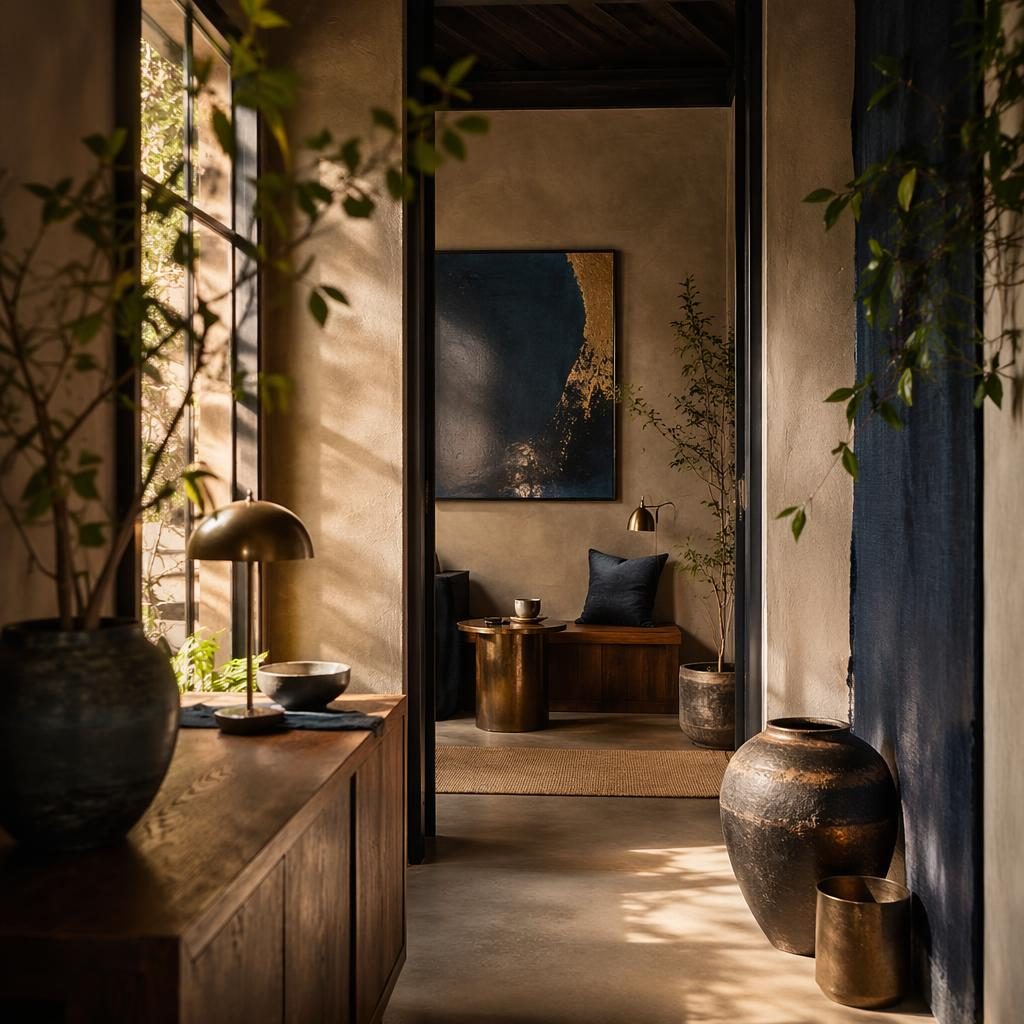 Japandi entryway with blue and brass accents, indoor plants, natural wood bench, textiles, art, and golden hour light