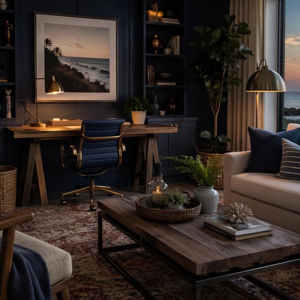 Coastal home office interior with blue and brass palette, styled coffee table, warm rugs, plants, art, and evening light