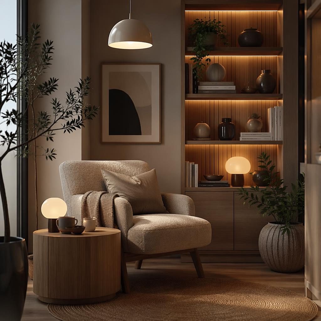 Rincón de lectura escandinavo minimalista en tonos tierra, sillón, plantas, textiles, arte y luz ambiental cálida