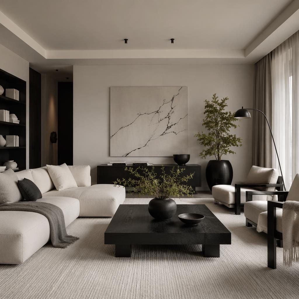 Japandi Wohnzimmer als realistisches Interior-Rendering in Schwarz-Weiß mit Tageslicht, Naturmaterialien, Pflanzen, Kunst und Textilien.