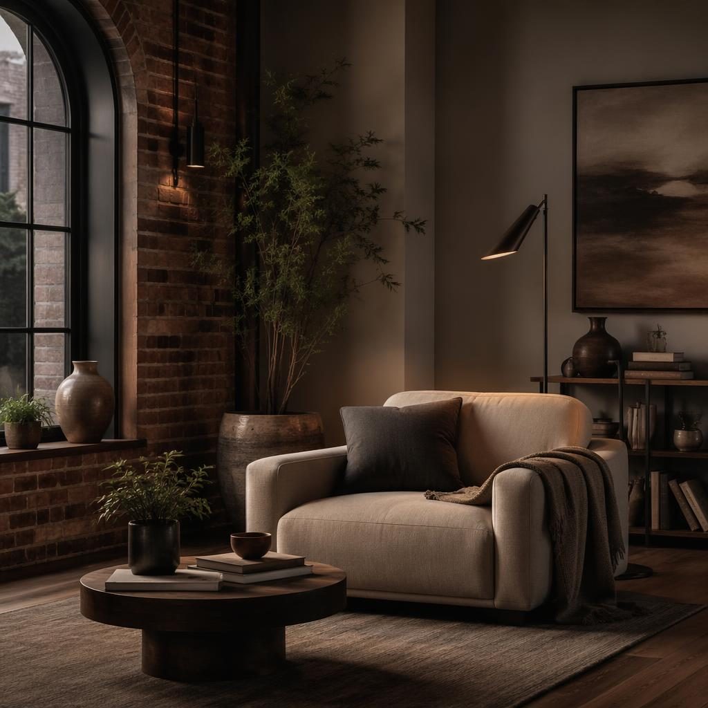 Industrial reading nook in a warm neutral living room with plants, art, textiles, and soft evening light