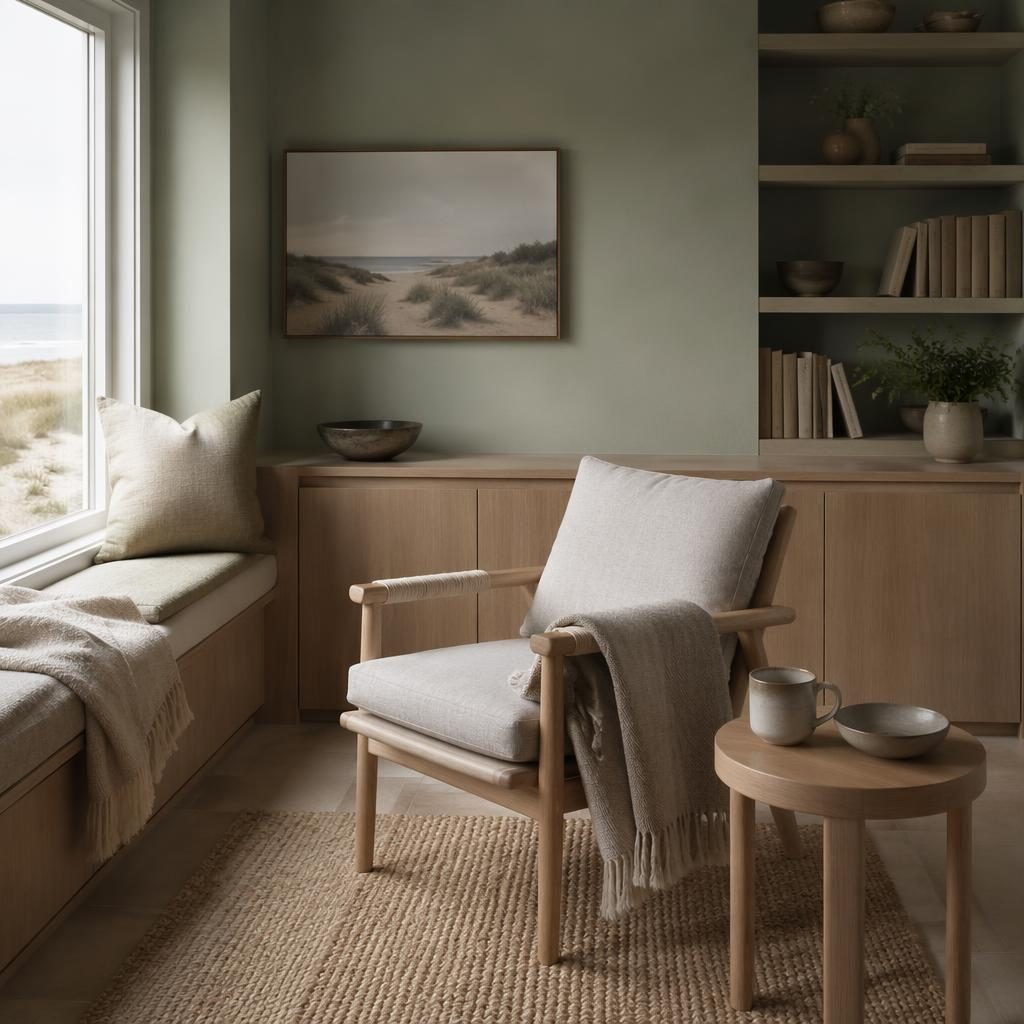 Japandi study reading nook with sage and cream tones, soft daylight, natural wood, plants, textiles, and styled decor