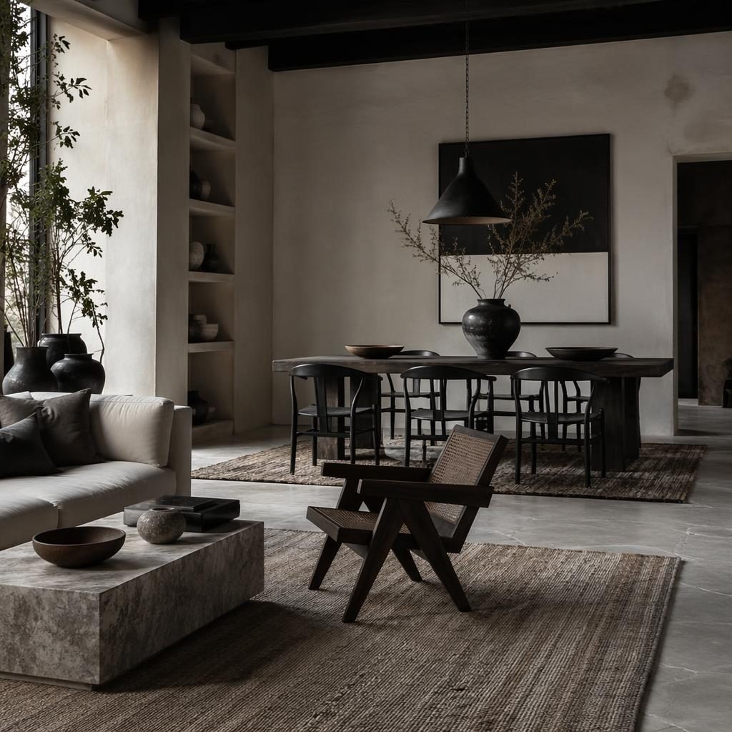 Salón comedor wabi-sabi en blanco y negro con alfombras cálidas, plantas, arte textil y materiales naturales.