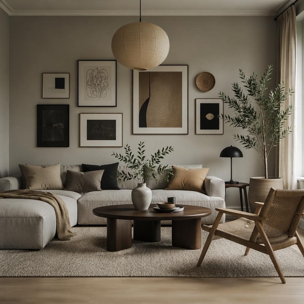 Skandinavisches Wohnzimmer in Erdtönen mit dekorierter Wand, natürlichen Materialien, Pflanzen, Textilien und Kunst