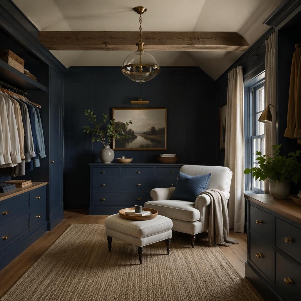 Dressing style farmhouse avec coin lecture scandinave, tons bleus et laiton, plantes, textiles et lumière tamisée.