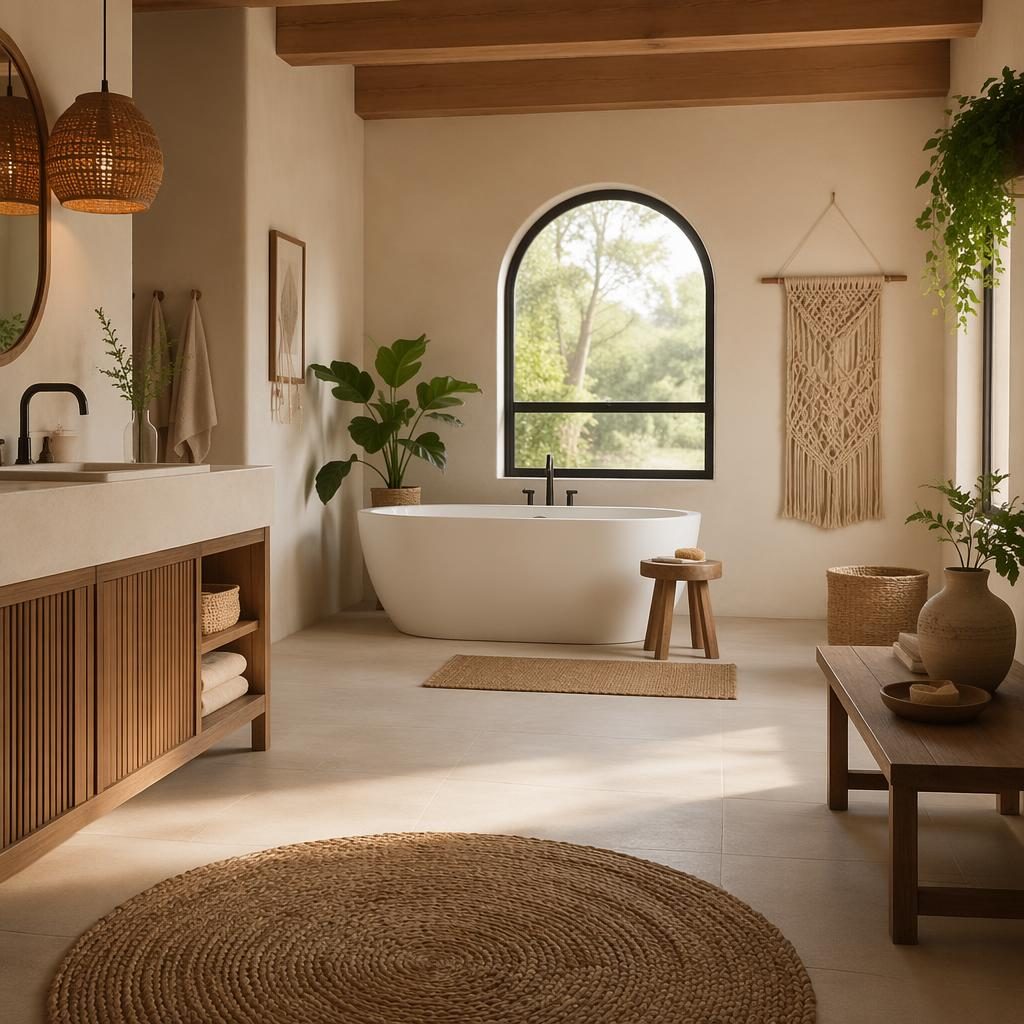 Realistic inside interior with a Japandi kitchen island, earth-tone decor, plants, textiles, and soft daylight.