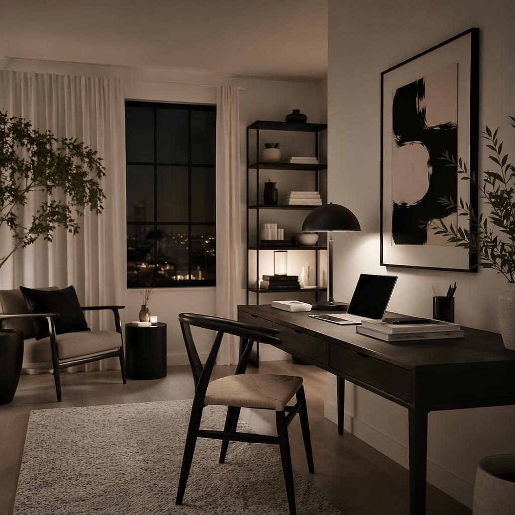 Japandi-style Scandinavian home office entryway in black and white, warm evening light, natural materials, plants and textiles