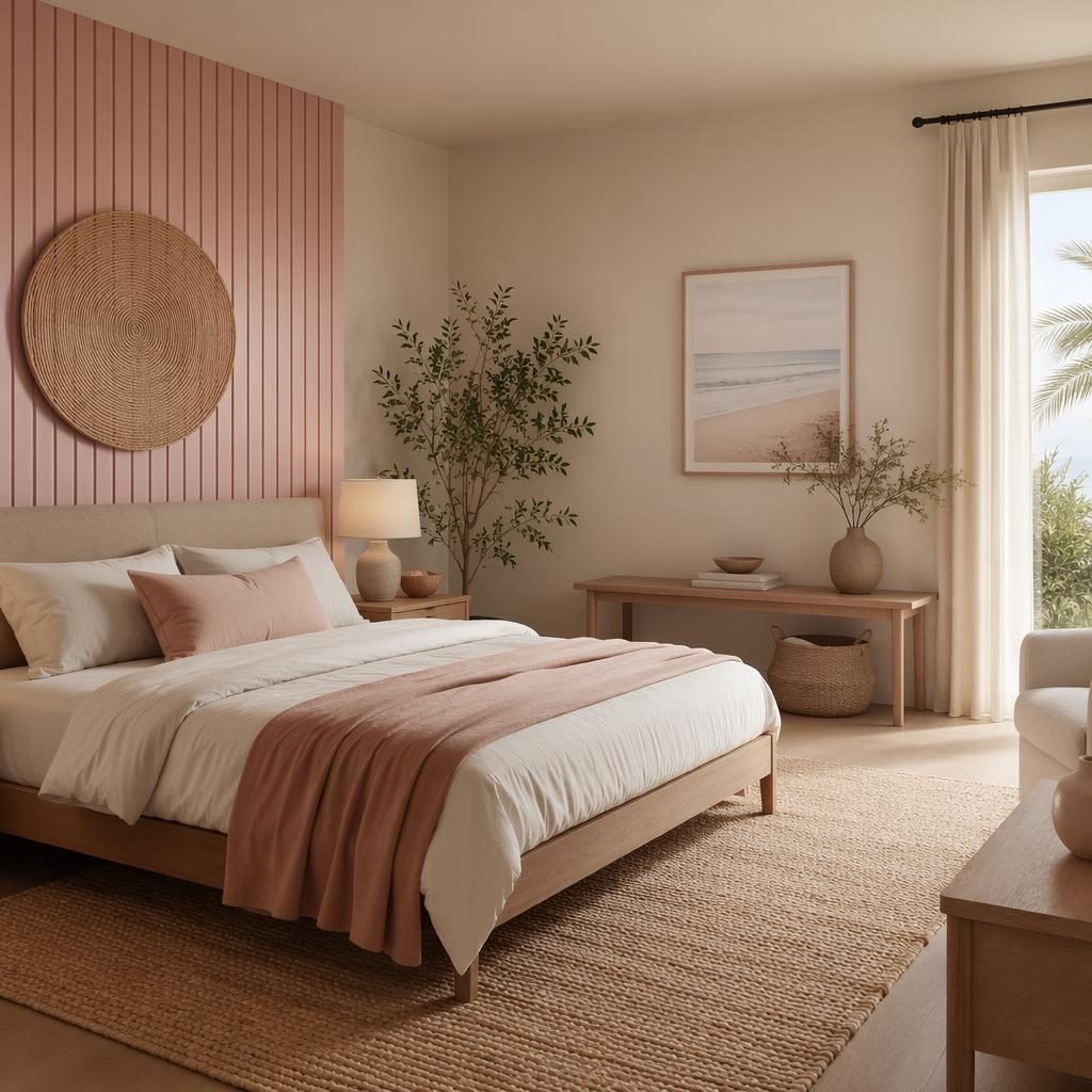 Dormitorio japandi con vestidor abierto, muros en rosa pastel y beige, luz natural, madera, plantas, arte y textiles.