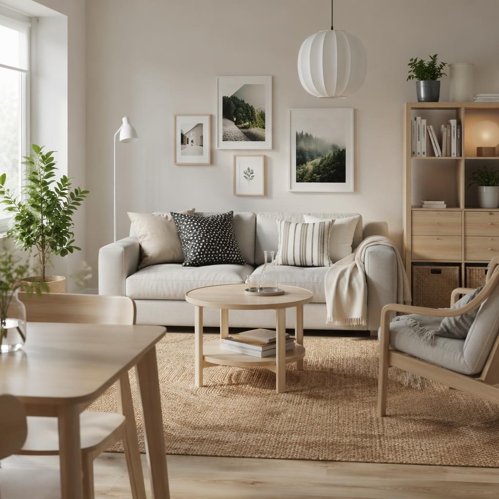 Heldere Scandinavische woonkamer met lichte houttinten, compacte bank, modulaire opberging, planten en wandkunst.
