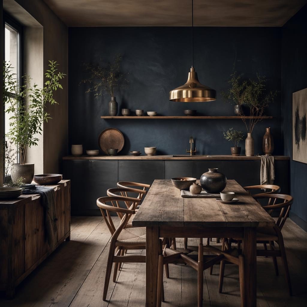 Comedor escandinavo wabi-sabi con tonos azules y latón, madera natural, plantas, arte textil y luz tenue.
