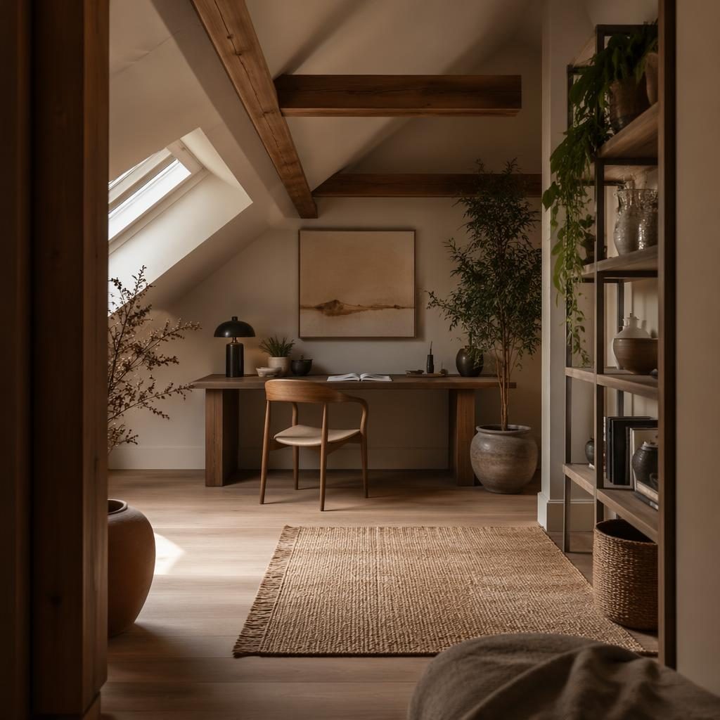Moody Japandi-Arbeitszimmer im Dachgeschoss mit Boho-Flur, Erdtönen, Holz, Pflanzen, Textilien und Kunst.