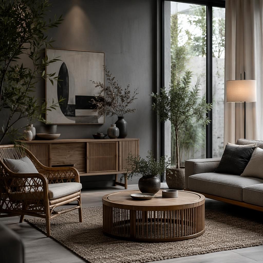 japandi home office interior design concept, cool greys colour palette, cinematic moody. Realistic photographic renderin