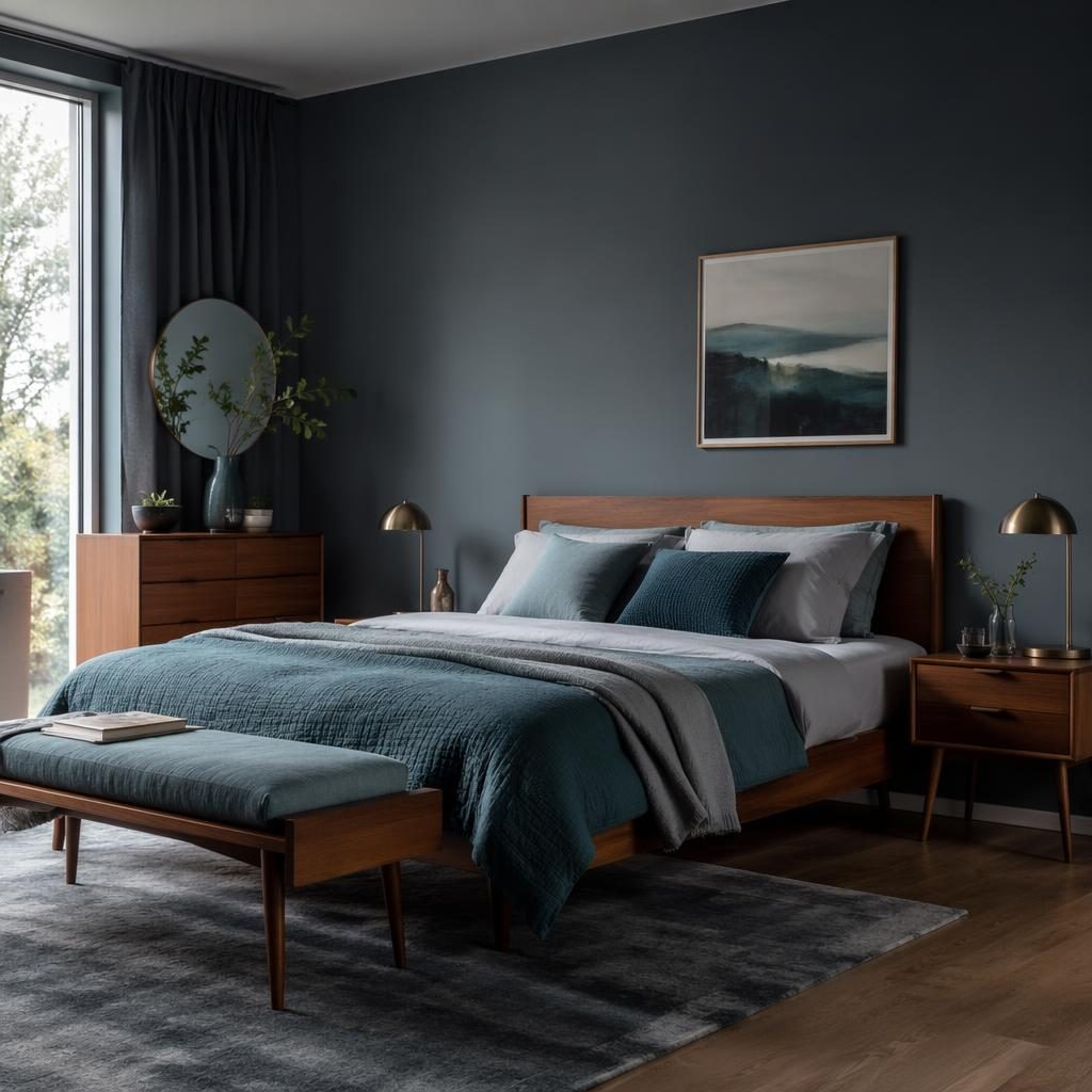 Mid-century teak bedroom interior with teal and grey bedding, brass accents, plants, art, and soft diffused light