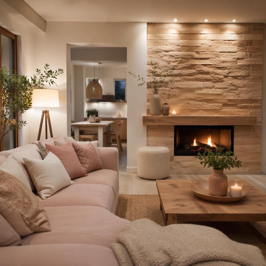 Salon farmhouse moderne aux tons rose pastel et beige, bois naturel, plantes, textiles et lumière chaude du soir