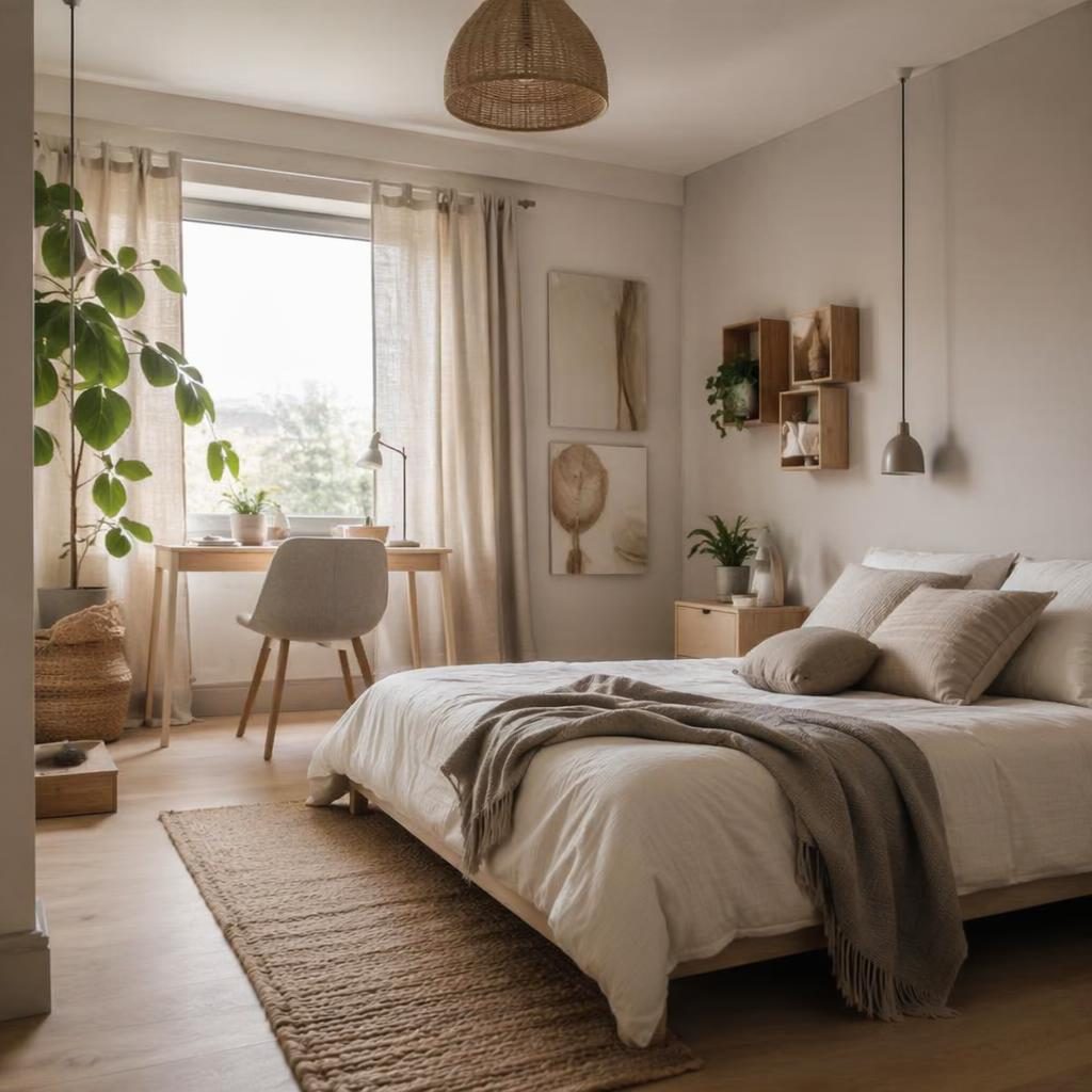 Chambre ado moderne scandinave aux tons neutres chauds, lumière douce, bois clair, textiles, plantes et art mural