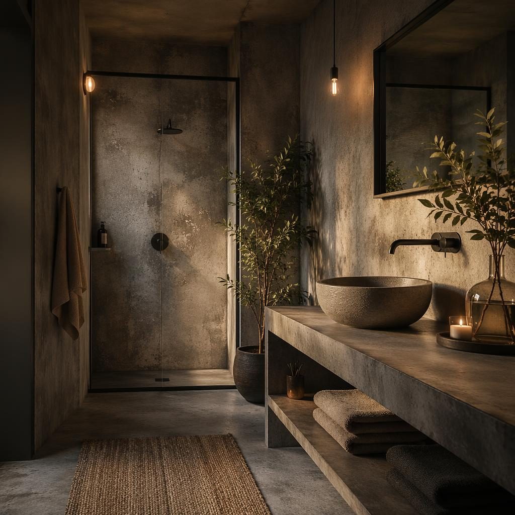 Baño industrial de hormigón visto con luz dorada, tonos salvia y crema, plantas, textiles y estilo wabi-sabi.