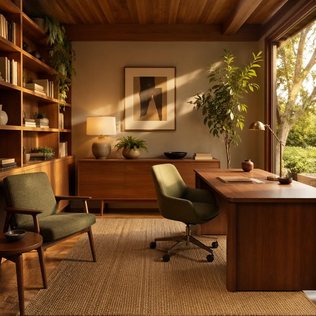 Realistic warm neutral bathroom interior render with natural materials, custom storage, plants, art, textiles, and golden hour light.