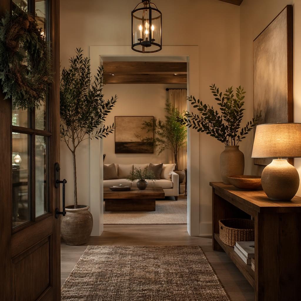 Japandi farmhouse entryway interior with warm neutral tones, natural wood, textiles, plants, art, and soft evening light