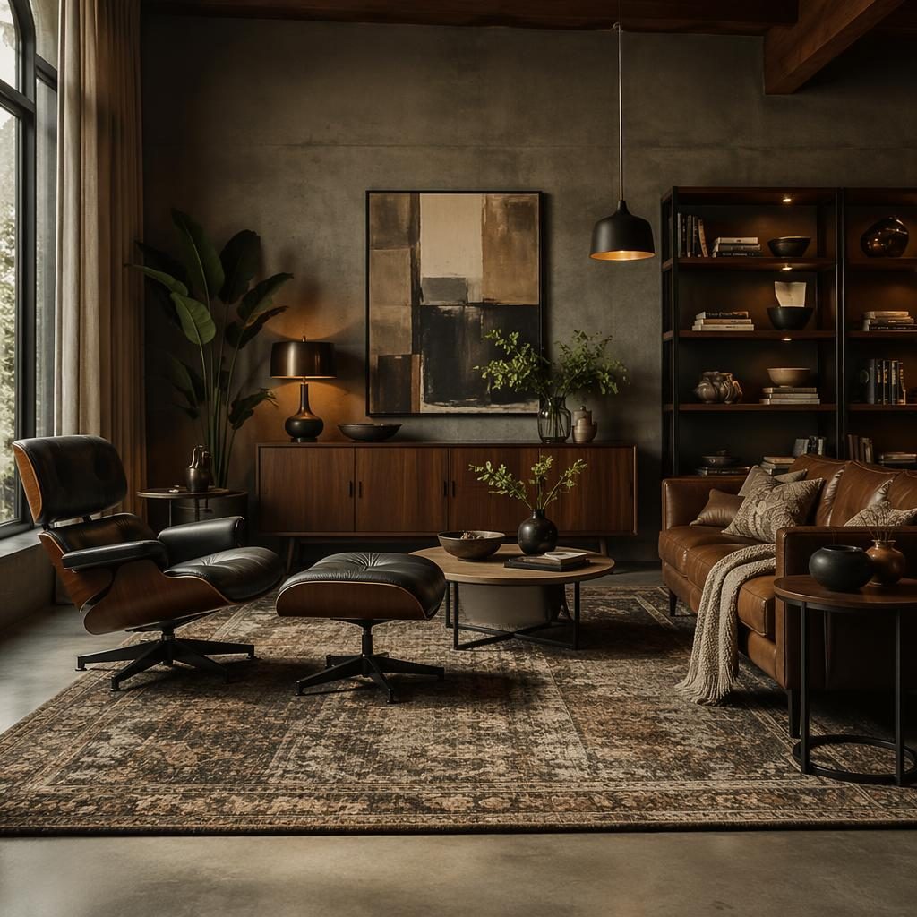Moody mid-century living room with industrial accents, earth-tone palette, wood furniture, plants, art, and textiles
