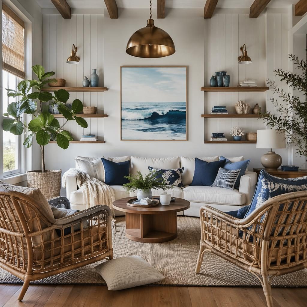 Weiß-blaues Küstenwohnzimmer mit boho Elementen, Messingakzenten, Pflanzen, Kunst, Textilien und weichem Tageslicht