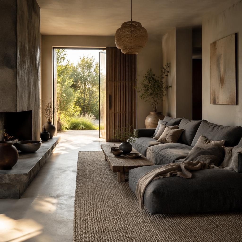 Entrée wabi-sabi aux tons gris froids, canapé gris, tapis bohème chaud, plantes, art mural et matières naturelles