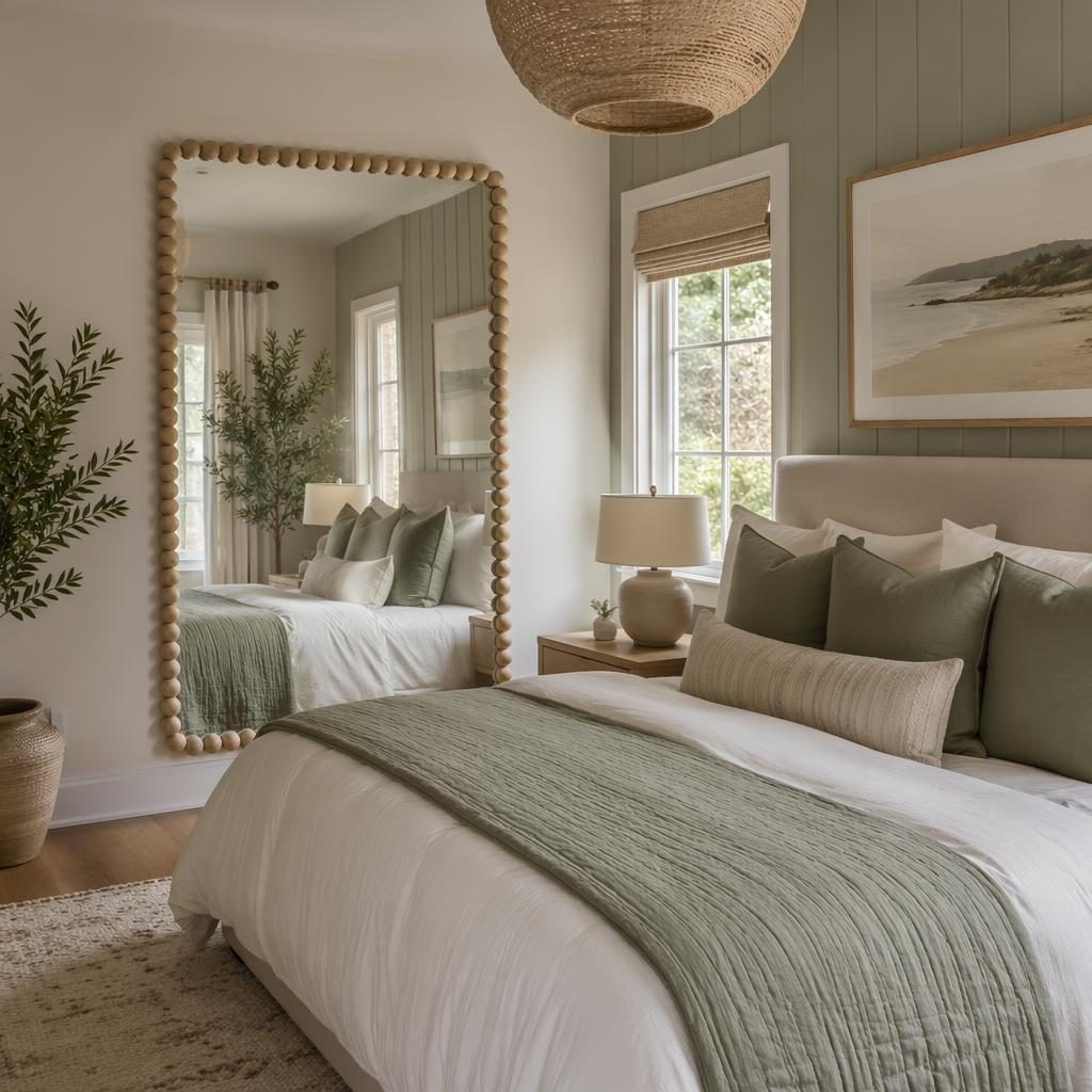 Warm neutrals living room with sage and cream tones, soft daylight, natural materials, plants, art and mirror border ideas