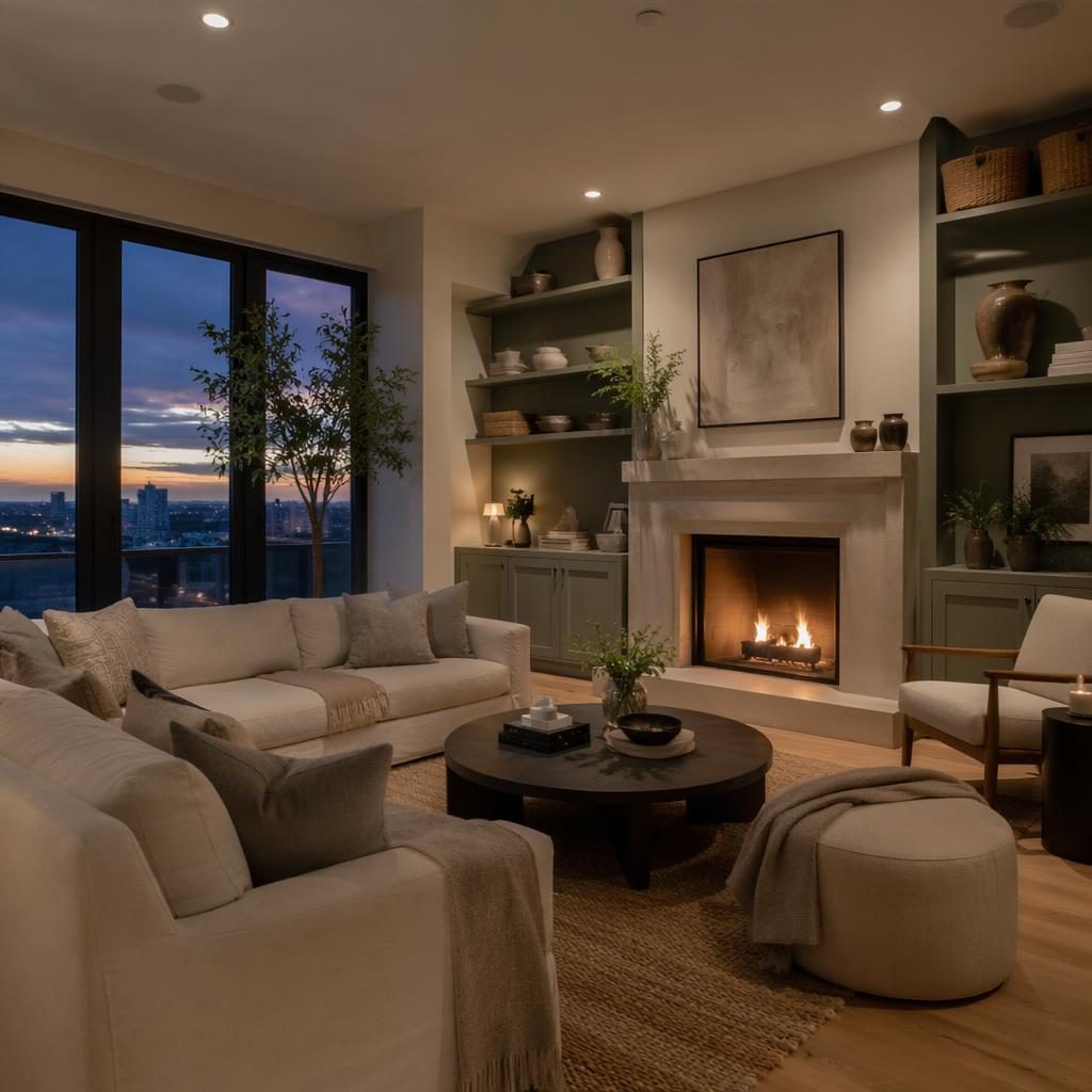 Luxury contemporary penthouse living room with a corner fireplace, sage and cream tones, warm evening light, plants and textiles.