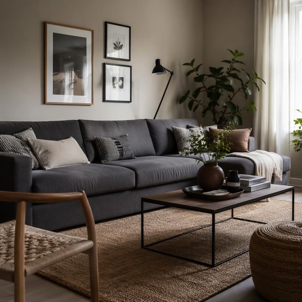 Salon nordico con sofa gris oscuro, tonos neutros calidos, plantas, textiles, arte mural y luz difusa natural.