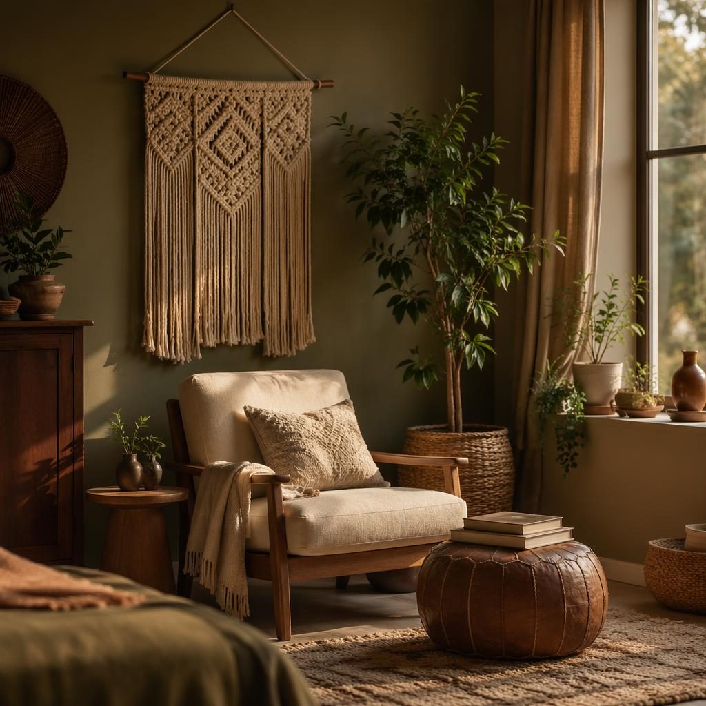 Mid-century boho interior with macrame, earth-tone textiles, plants, art, and natural materials in golden hour light