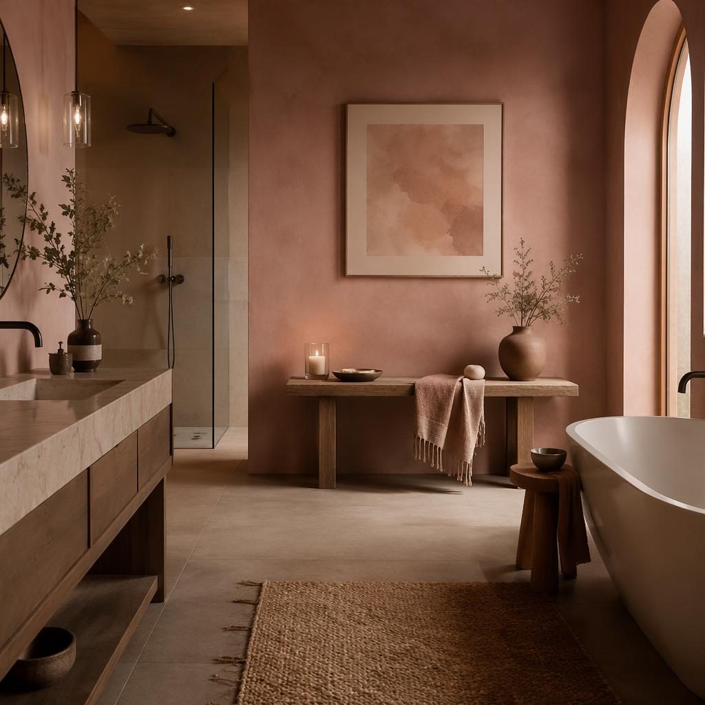 Luxury contemporary spa bathroom with blush pink and beige tones, styled bench decor, natural materials, plants, art, and textiles.