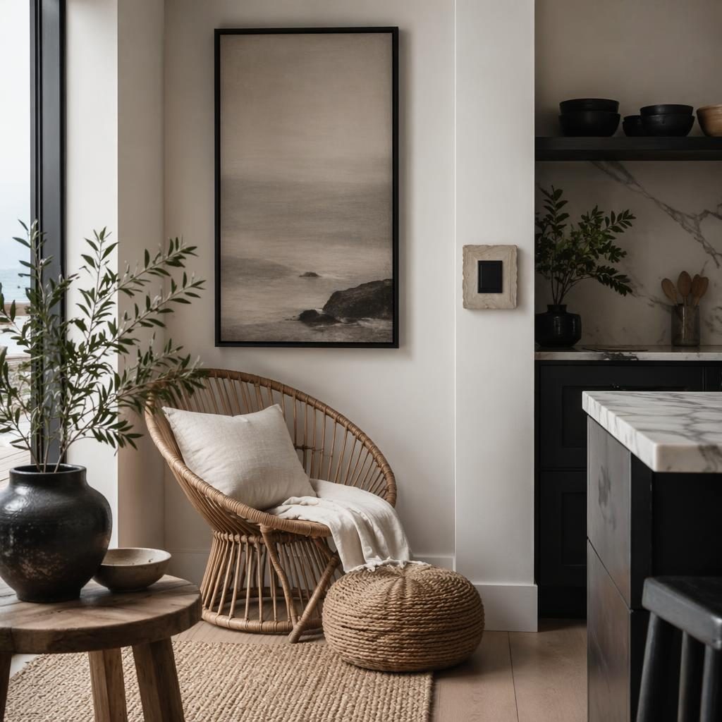 Interior de cocina costera en blanco y negro con rincón de lectura wabi sabi, luz suave, plantas y materiales naturales.