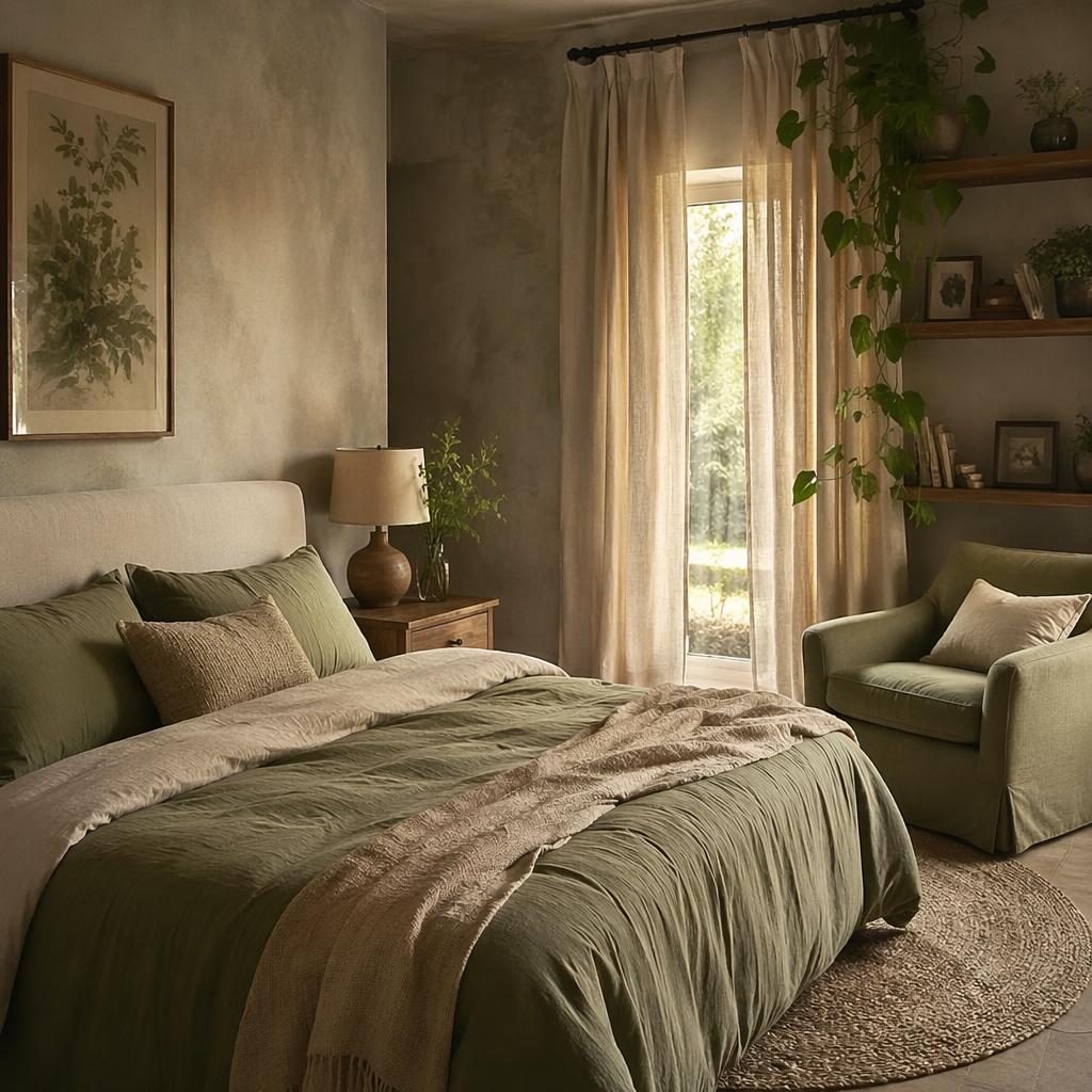 Dormitorio en salvia y crema con rincón de lectura, textiles, plantas, arte mural y materiales naturales.