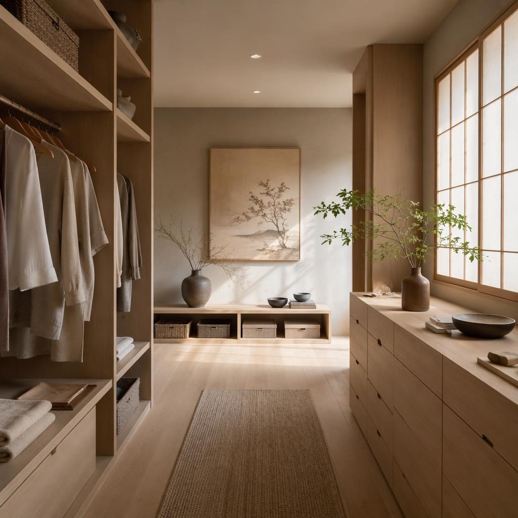 Dressing minimaliste style scandinave et japonais, tons neutres chauds, bois naturel, textiles, plantes et lumière douce.