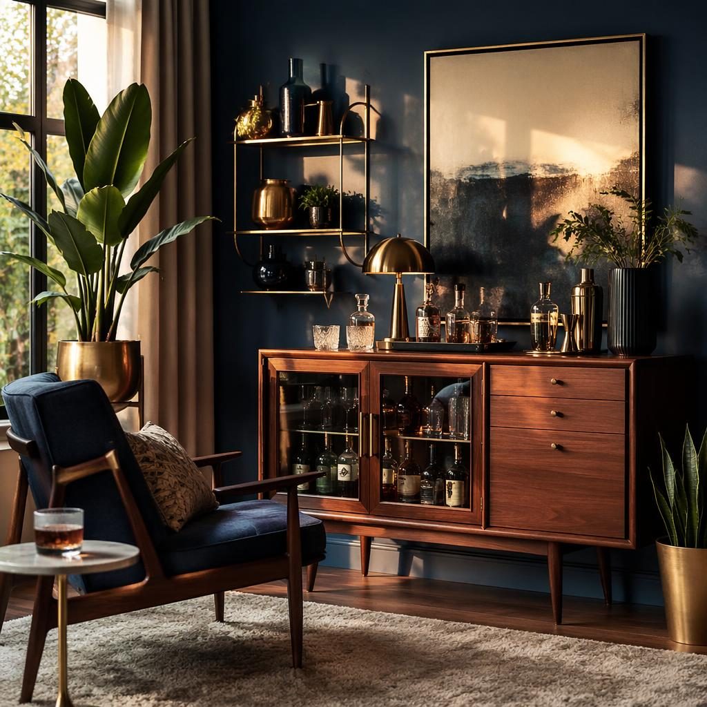 Scandinavian reading nook with a mid century home bar, blue and brass accents, plants, textiles, art, and decoration items.