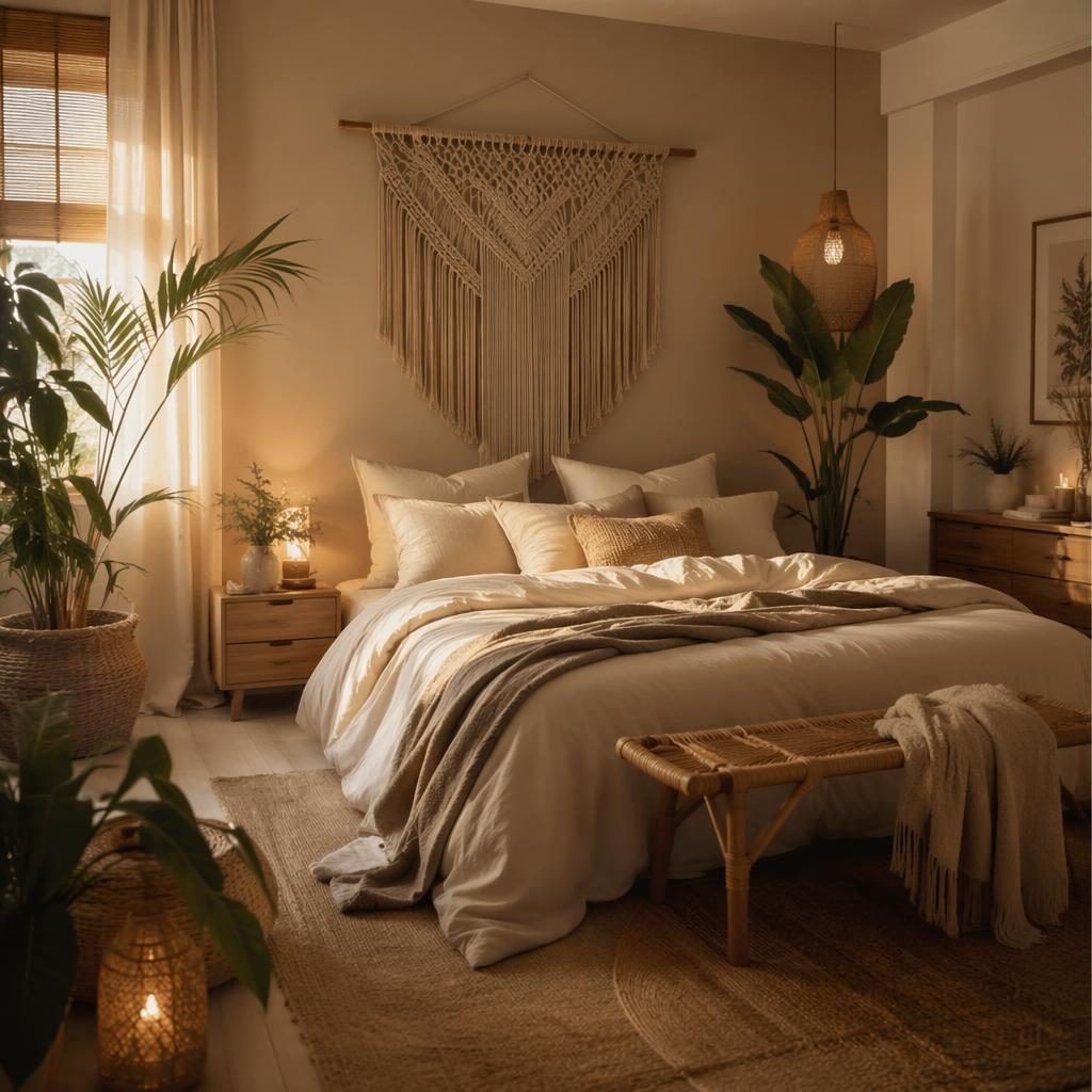 Vestidor de lujo contemporáneo en tonos salvia y crema, con macramé boho, textiles, plantas y luz dorada.