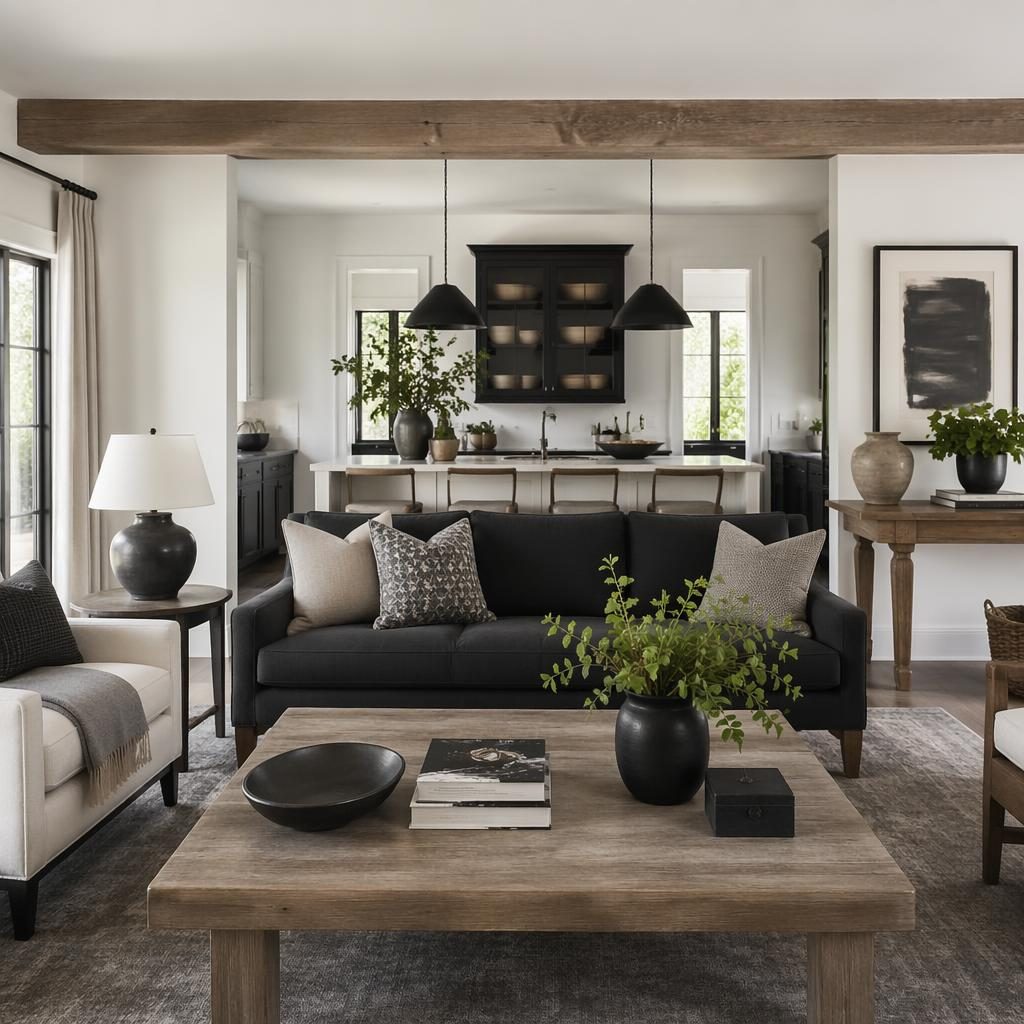 Modern farmhouse living room with black and white palette, soft daylight, natural materials, plants, art and layered textiles.