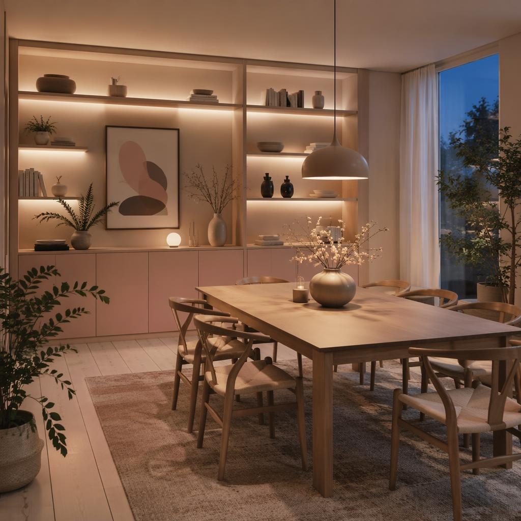Industrial-Badezimmer mit Rohbeton, minimalistischer Einrichtung, warmem Abendlicht, Pflanzen, Kunst und Textilien