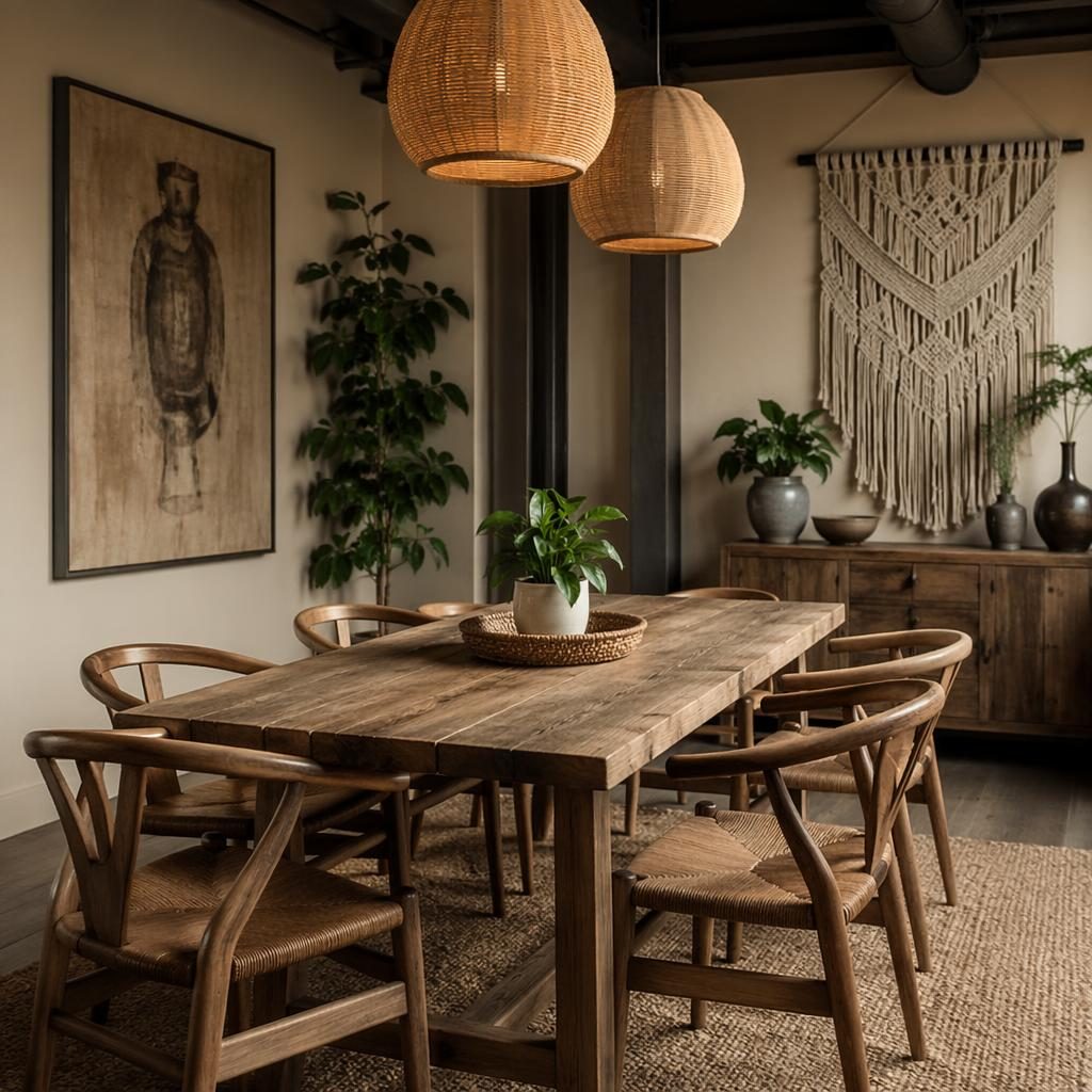 Industrial-style reading nook with warm neutral tones, macrame textile, plants, art, and natural materials in soft diffused light