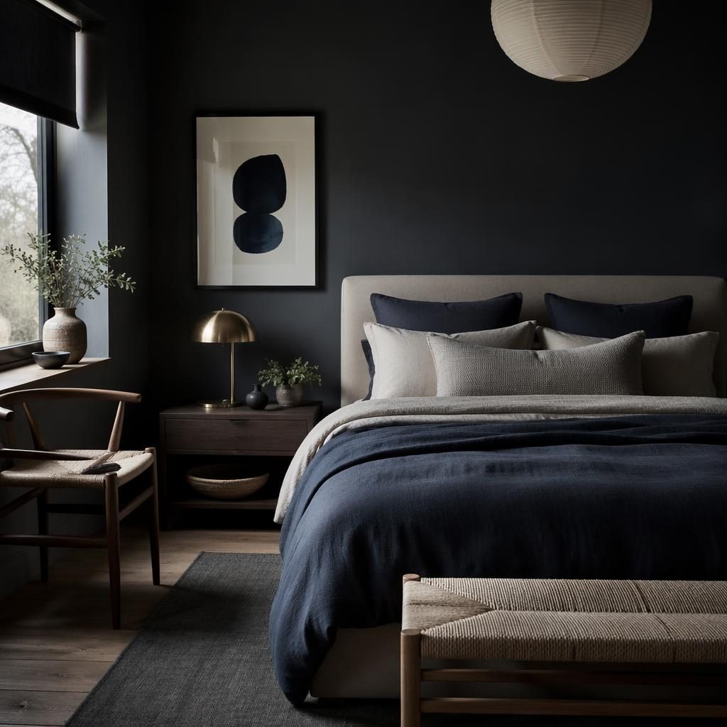 Moody Japandi walk-in closet interior in black and white with natural materials, textiles, plants, art, and blue and brass accents.