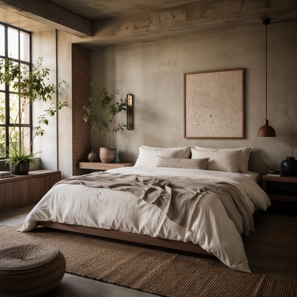 Minimalistisches Schlafzimmer in warmen Naturtönen mit Tageslicht, Holz, Textilien, Pflanzen und Wandkunst, fotorealistisch
