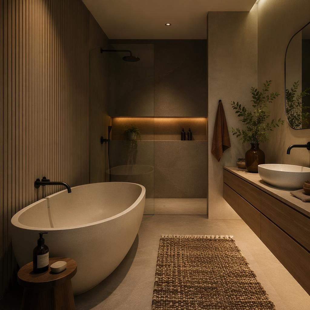 Moody minimalist bathroom interior with earth-tone finishes, natural materials, plants, art, textiles, and soft ambient depth
