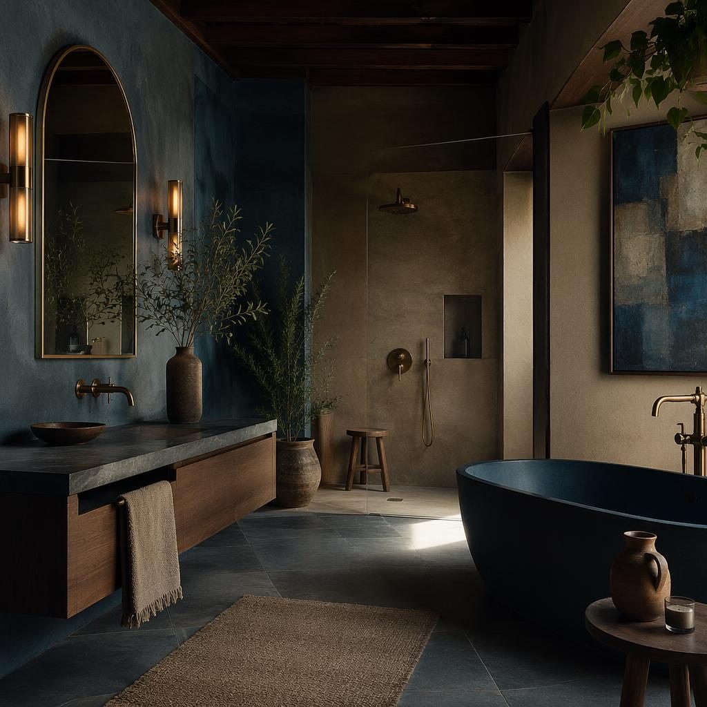 Moody contemporary bathroom with blue walls, brass fixtures, natural materials, plants, art, and soft textiles.
