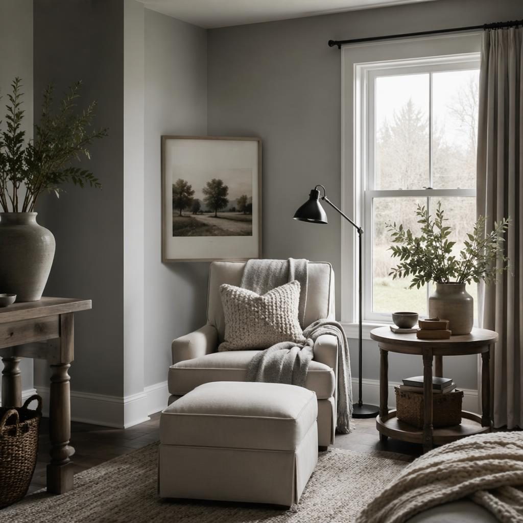 Warm neutral farmhouse reading nook with armchair, textiles, plants, art, and natural materials in soft diffused light