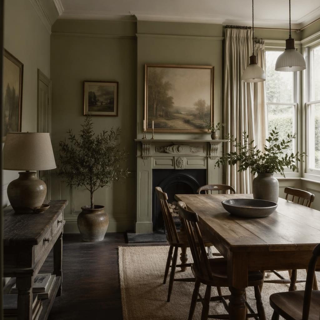 Rendered sage and cream art deco dining room with natural materials, plants, textiles, art, and soft overcast light.