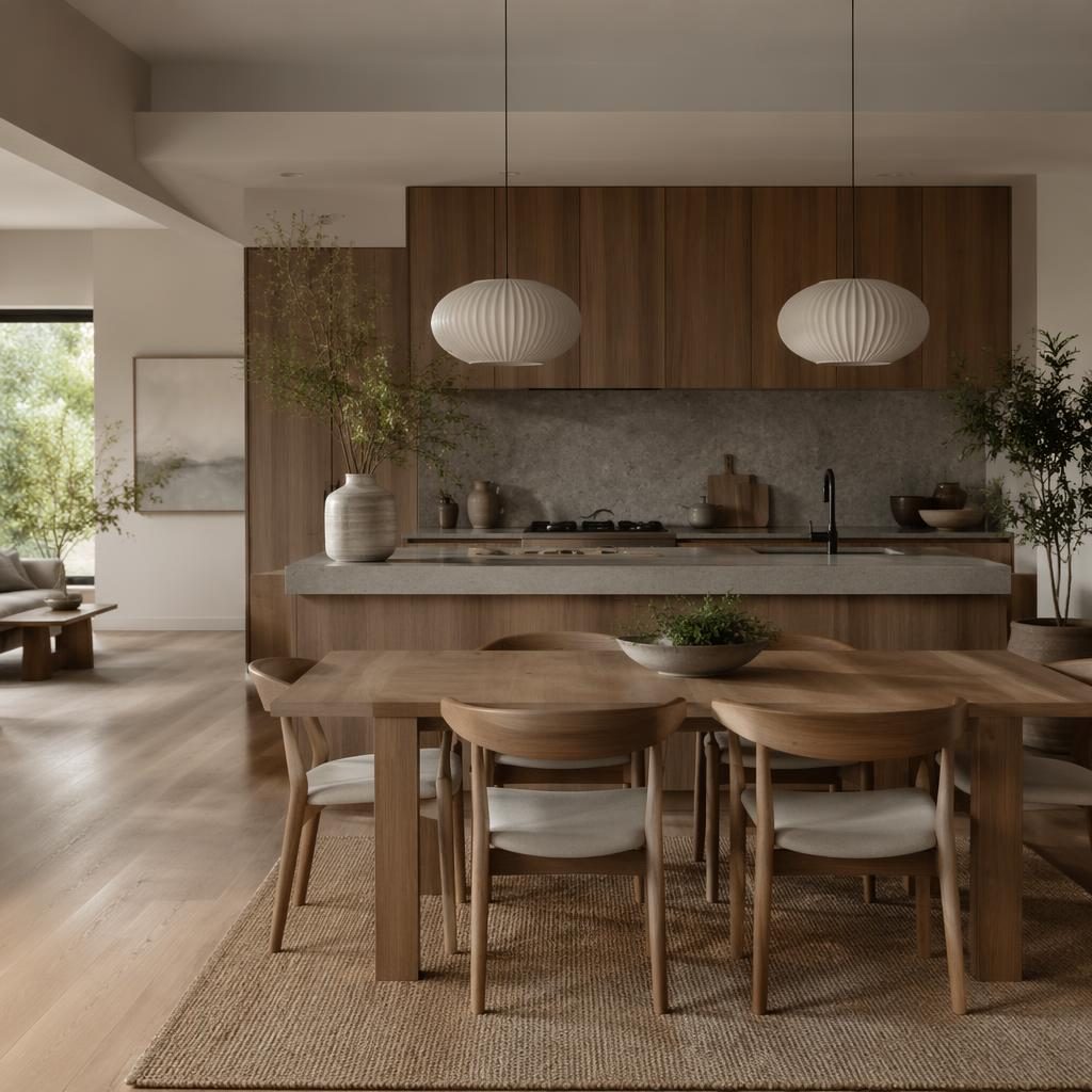 Render interior de gimnasio en casa escandinavo con materiales naturales, tonos tierra, plantas y luz difusa.