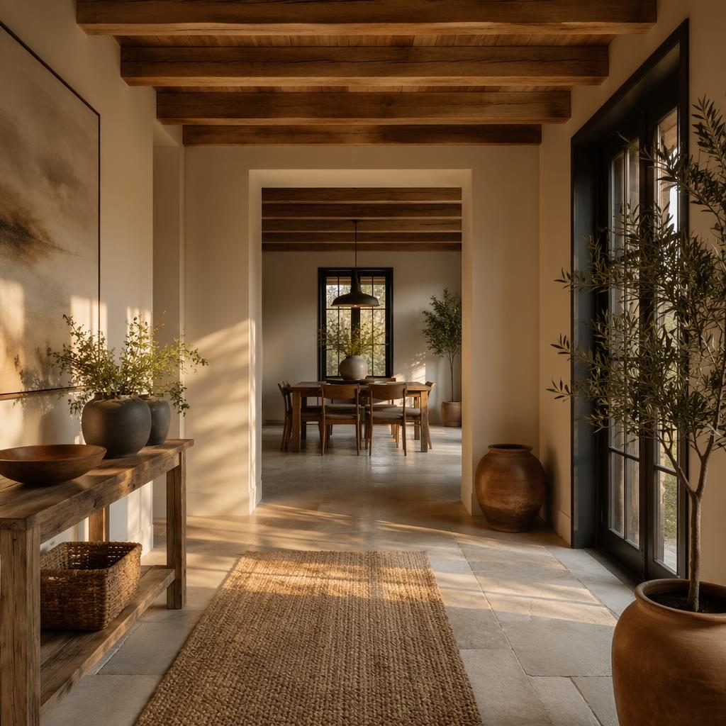 Minimalist farmhouse entryway with open beams, earth tones, natural materials, plants, art, and warm golden hour light