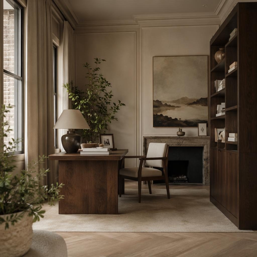 Luxury contemporary home office with warm neutral tones, natural materials, muted decor, plants, art, and soft diffused light.
