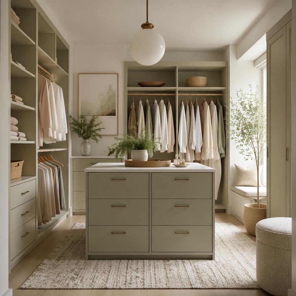 Scandinavian luxury walk-in closet in sage and cream with natural wood, soft daylight, plants, art and textiles.