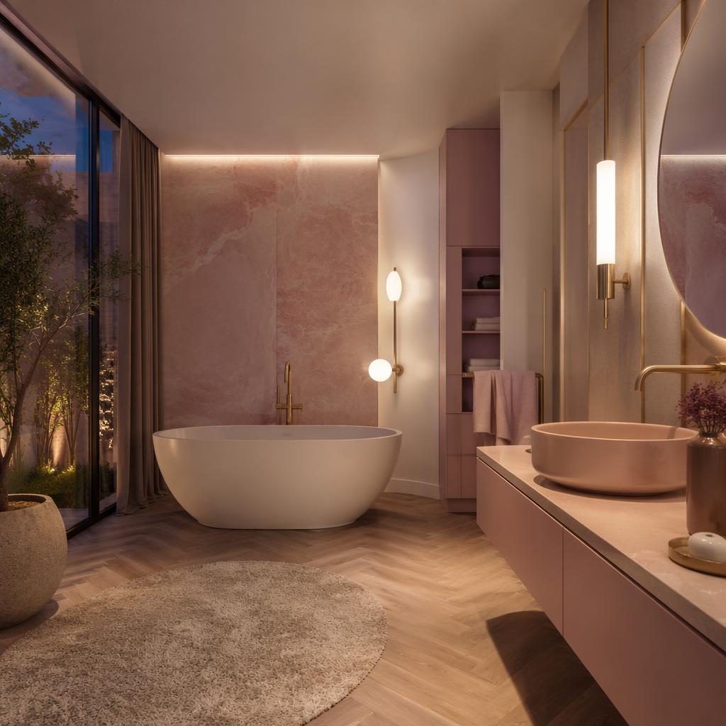 Salle de bain contemporaine luxueuse rose pastel et beige, matériaux naturels, plantes, art et lumière chaude du soir.