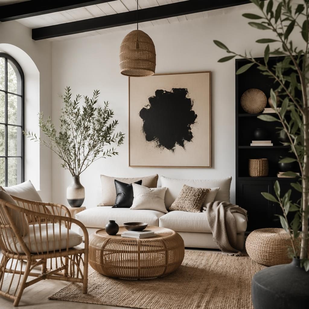 Japandi-Boho Innenraum mit schwarz-weißer Palette, Rattanmöbeln, Pflanzen, Kunst, Textilien und weichem Tageslicht.